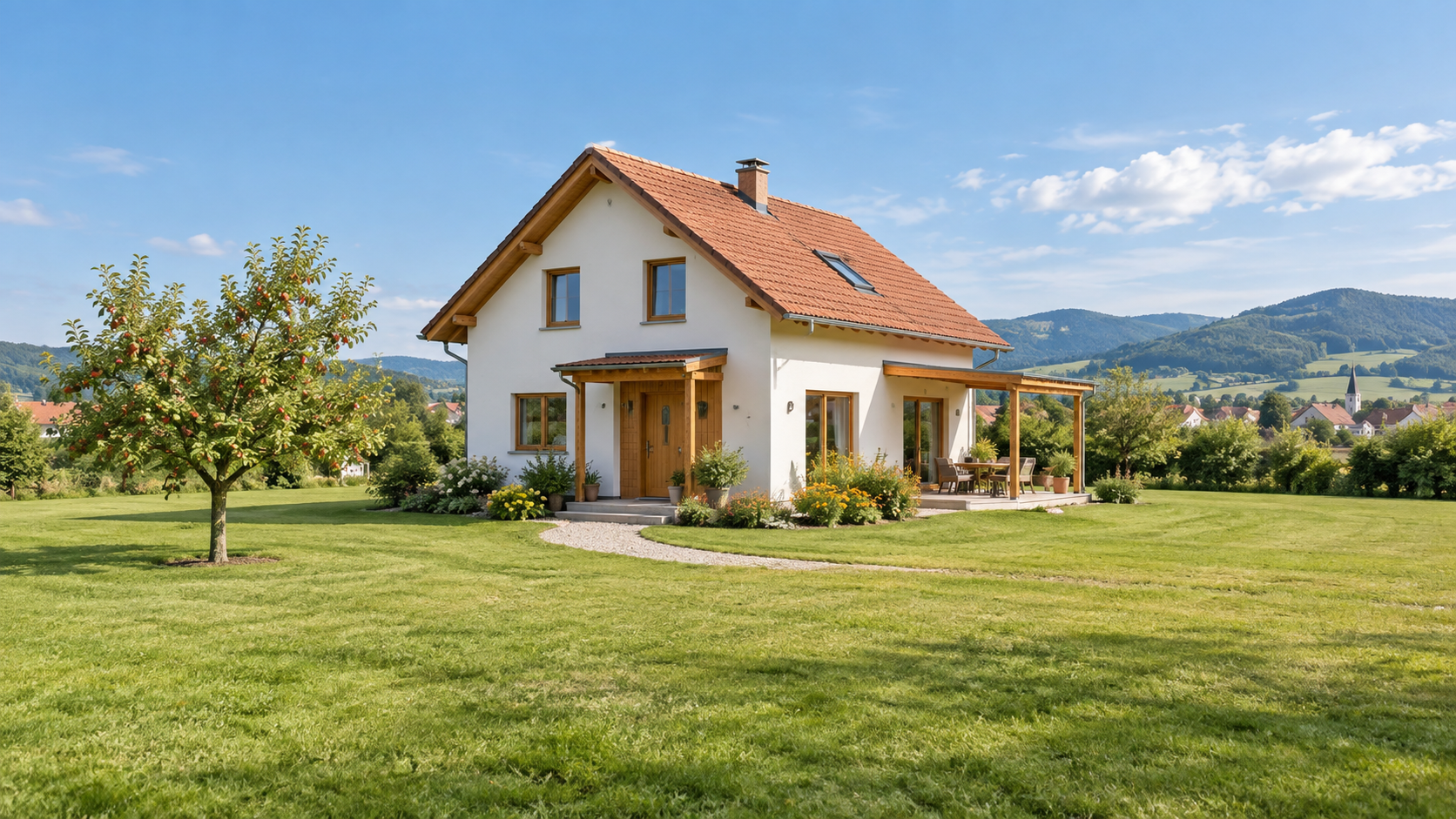 Vollständiges helles Haus mit Terrasse, jungem Apfelbaum und Garten